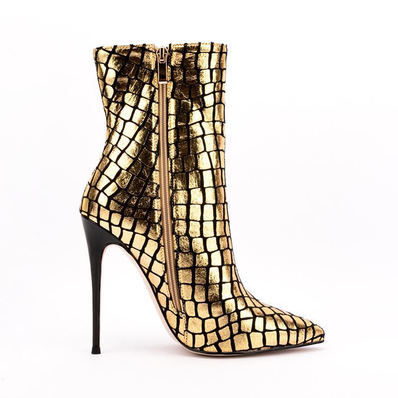 VYRE.STEP – Gold Plaid Stiletto Ankle Boots
