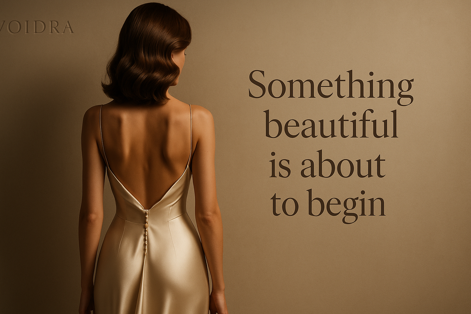 Woman in a satin dress with text 'Something beautiful is about to begin' on a beige background