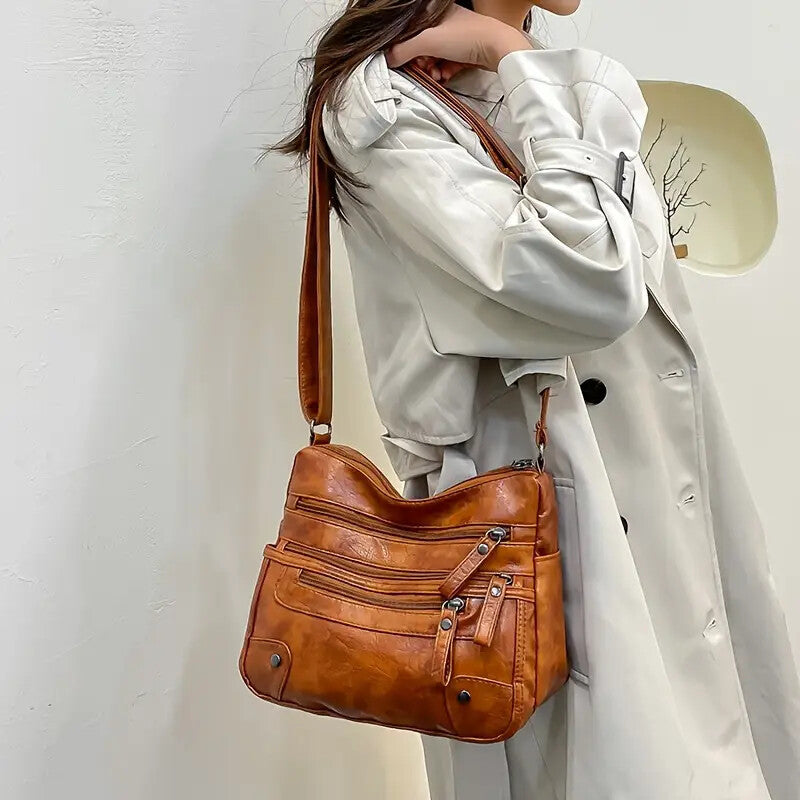 VOIDRA™ UrbanVault – Washed Leather Multi-Zip Crossbody Shoulder Bag (Large Capacity)