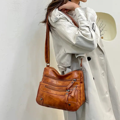 VOIDRA™ UrbanVault – Washed Leather Multi-Zip Crossbody Shoulder Bag (Large Capacity)