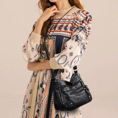 VOIDRA™ UrbanVault – Washed Leather Multi-Zip Crossbody Shoulder Bag (Large Capacity)