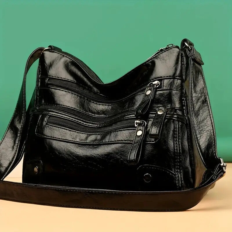 VOIDRA™ UrbanVault – Washed Leather Multi-Zip Crossbody Shoulder Bag (Large Capacity)