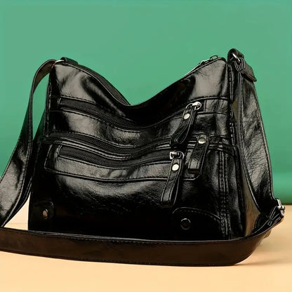 VOIDRA™ UrbanVault – Washed Leather Multi-Zip Crossbody Shoulder Bag (Large Capacity)