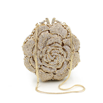 VOIDRA Roseluxe — Gold Hollow Rose Rhinestone Metal Clutch