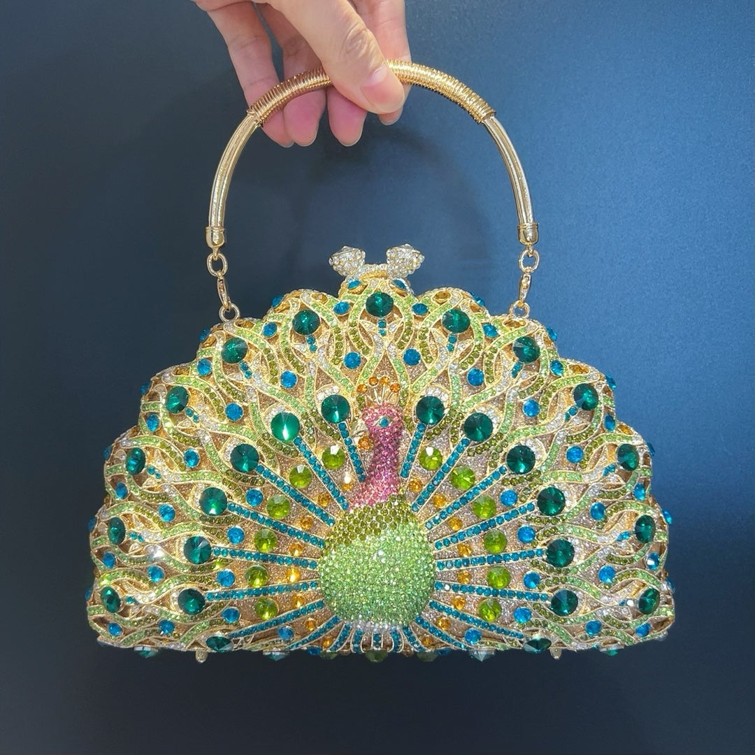 VOIDRA PAVONIA™ Luxe Peacock Clutch – Crystal-Crafted Elegance