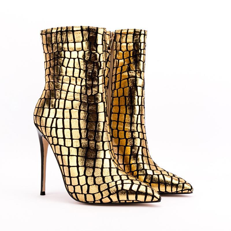 VYRE.STEP – Gold Plaid Stiletto Ankle Boots