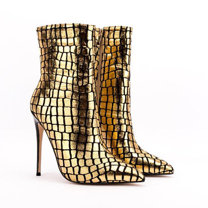 VYRE.STEP – Gold Plaid Stiletto Ankle Boots