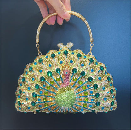 VOIDRA PAVONIA™ Luxe Peacock Clutch – Crystal-Crafted Elegance