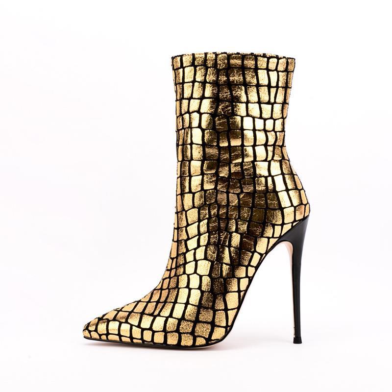 VYRE.STEP – Gold Plaid Stiletto Ankle Boots