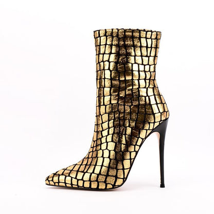VYRE.STEP – Gold Plaid Stiletto Ankle Boots