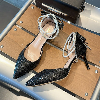 VOIDRA NoirBOW™ Luxe Heels – Pointed Glitter Elegance