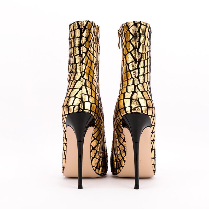 VYRE.STEP – Gold Plaid Stiletto Ankle Boots