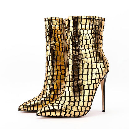 VYRE.STEP – Gold Plaid Stiletto Ankle Boots