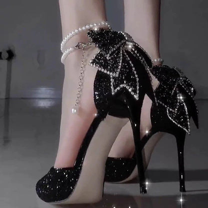 VOIDRA NoirBOW™ Luxe Heels – Pointed Glitter Elegance